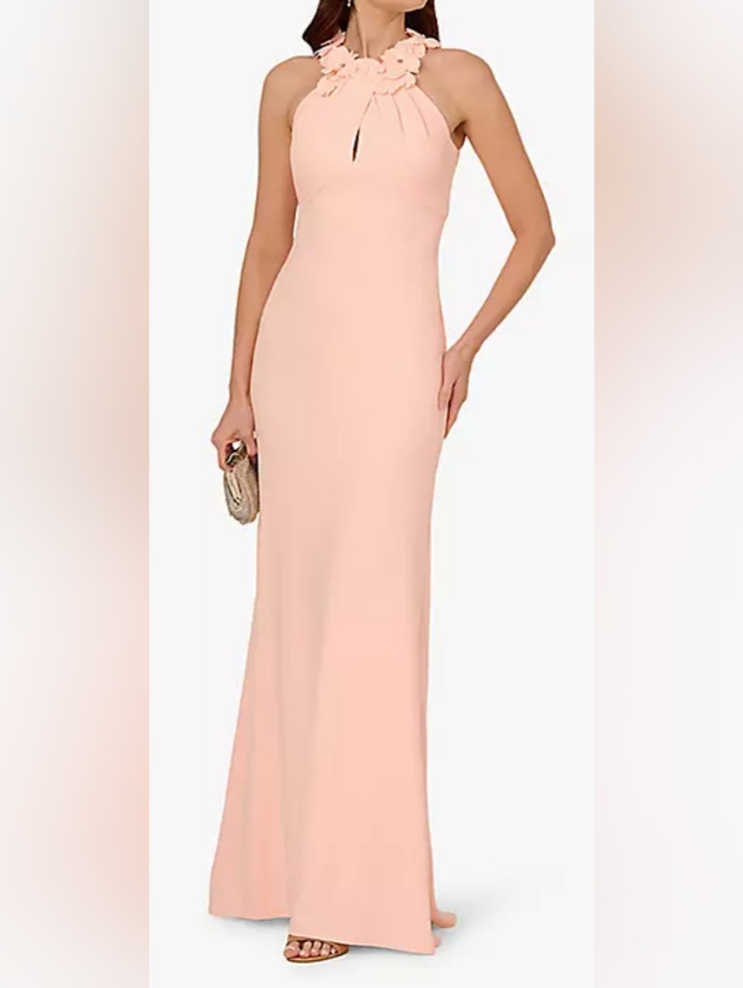 Adrianna Papell Peach Kiss Halter Rosette Crepe Maxi Dress Size 8p Nwt
